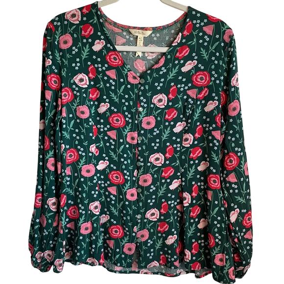 Matilda Jane Yesteryear Green Floral Blouse Button Up V-Neck Sz L Cottagecore - Picture 1 of 9